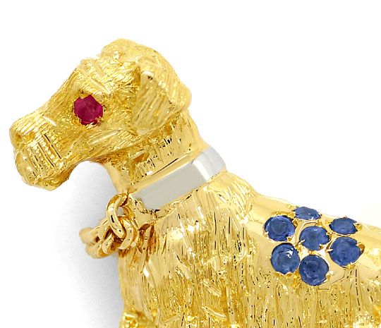 Foto 3 - Gold Hund Plastisch als Brosche Rubine Saphire 18K Gold, S3128